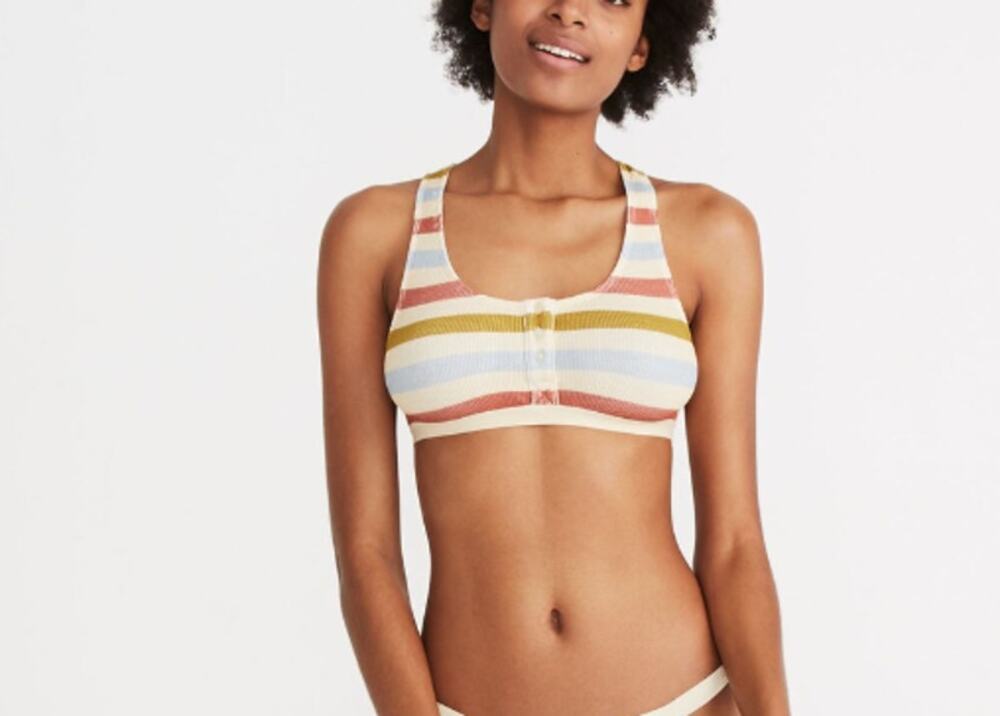 Madewell Women's Waffle Knit Jayna Bralette in Hewitt Stripe Champagne Size M